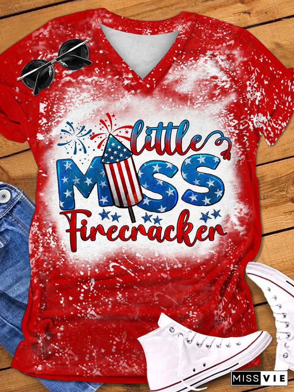 Little Miss Firecracker Print V-Neck T-Shirt