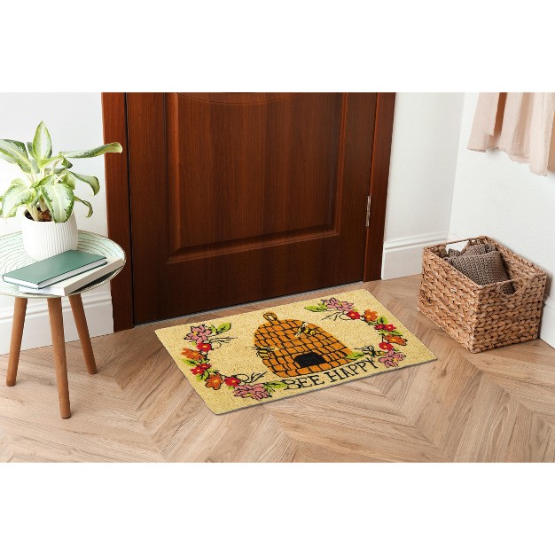 Bee Happy Sentiment Bee Hive Rectangle Indoor And Outdoor Coir Door Welcome Mat Multicolored On Beige Background