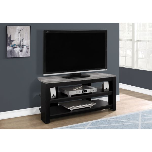 Tv Stand， 42 Inch， Console， Media Entertainment Center， Storage Shelves， Living Room， Bedroom， Black And Grey Laminate， Contemporary， Modern