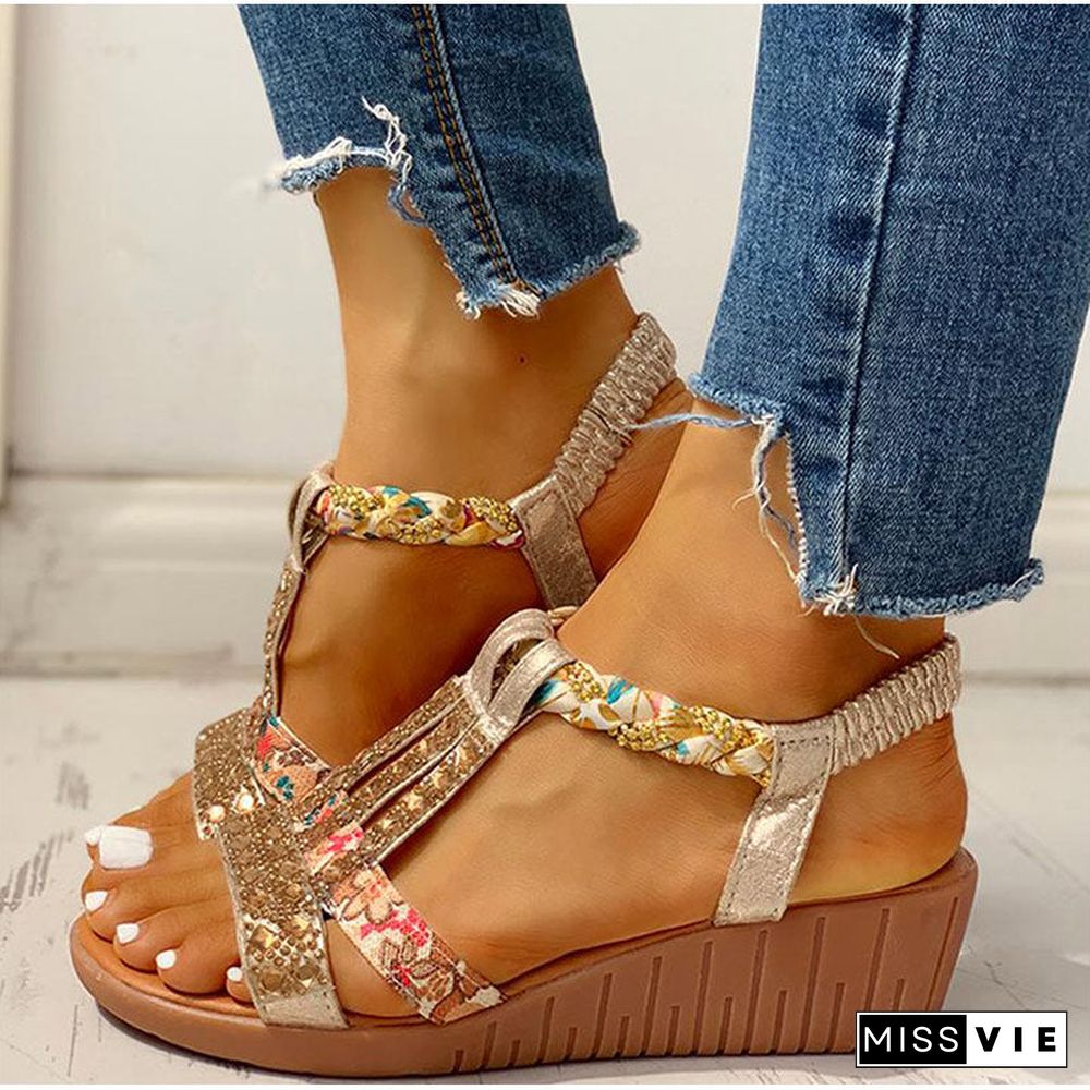 Women'S Sandals Summer Bohemia Platform Wedges Shoes Crystal Gladiator Rome Woman Beach Shoes Casual Elastic Band Female