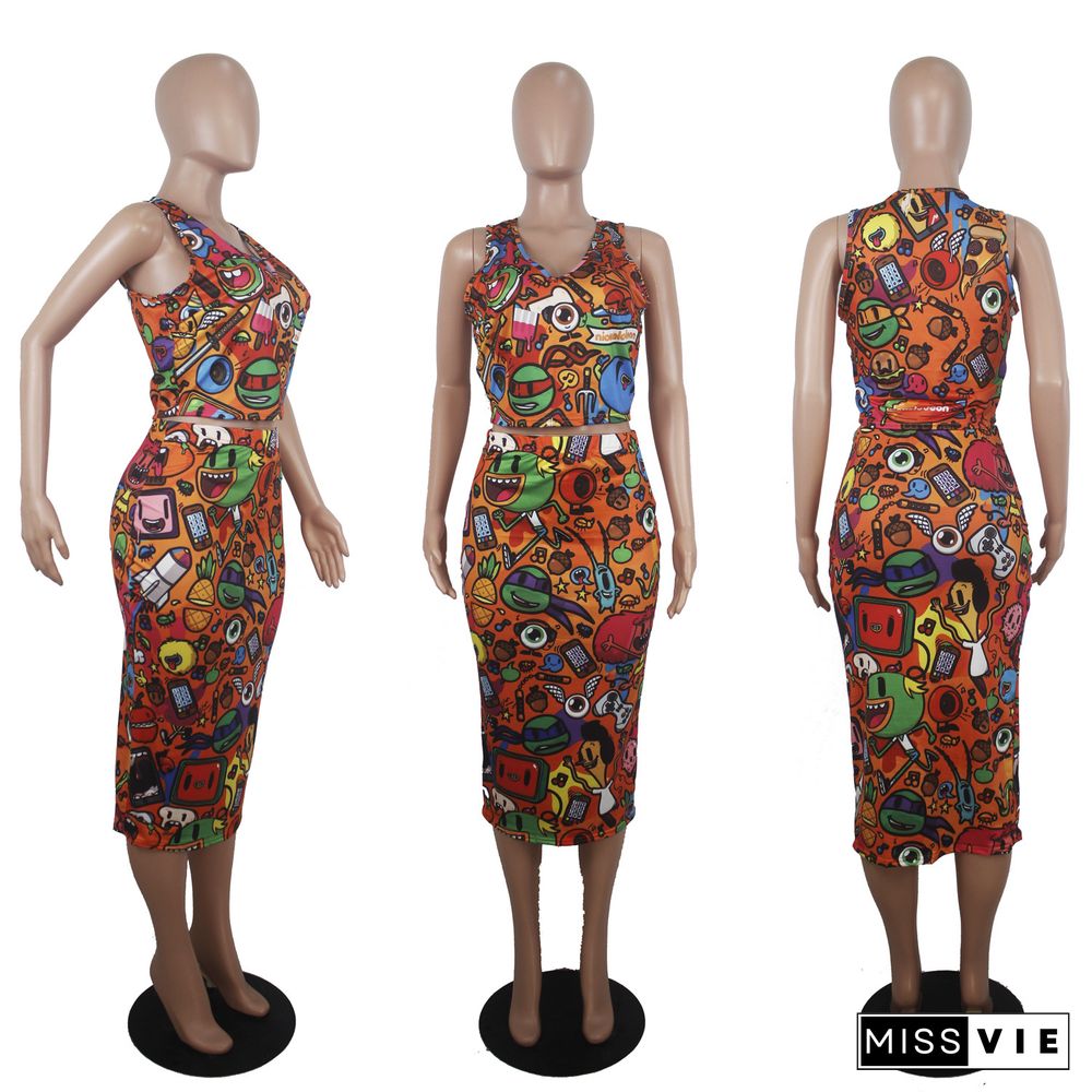 Cartoon Printing V-Neck Shirts And Skirts Two-Piece Outfit