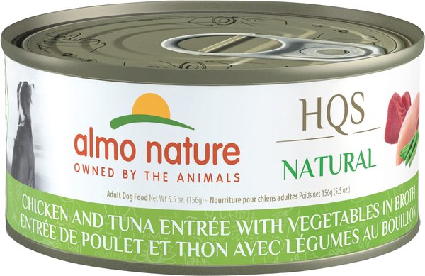 Almo Nature HQS Natural Chicken and Tuna Entree with Vegetables in Broth Wet Dog Food， 5.5-oz can， case of 12