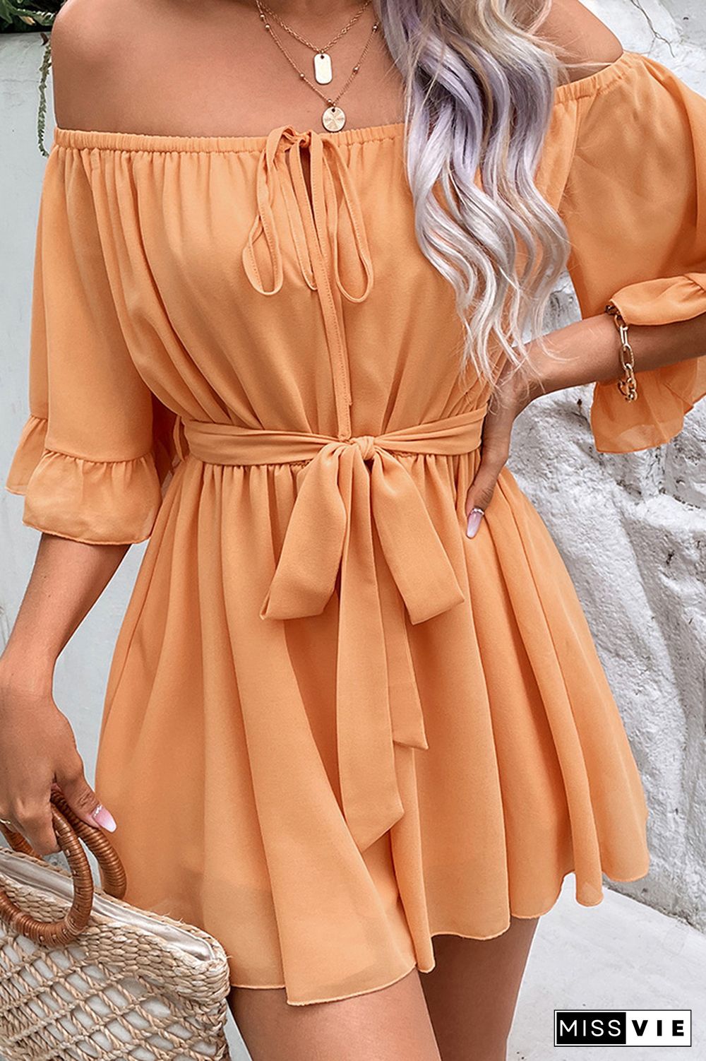 Orange CHiffon Off Shoulder Ruffle Romper