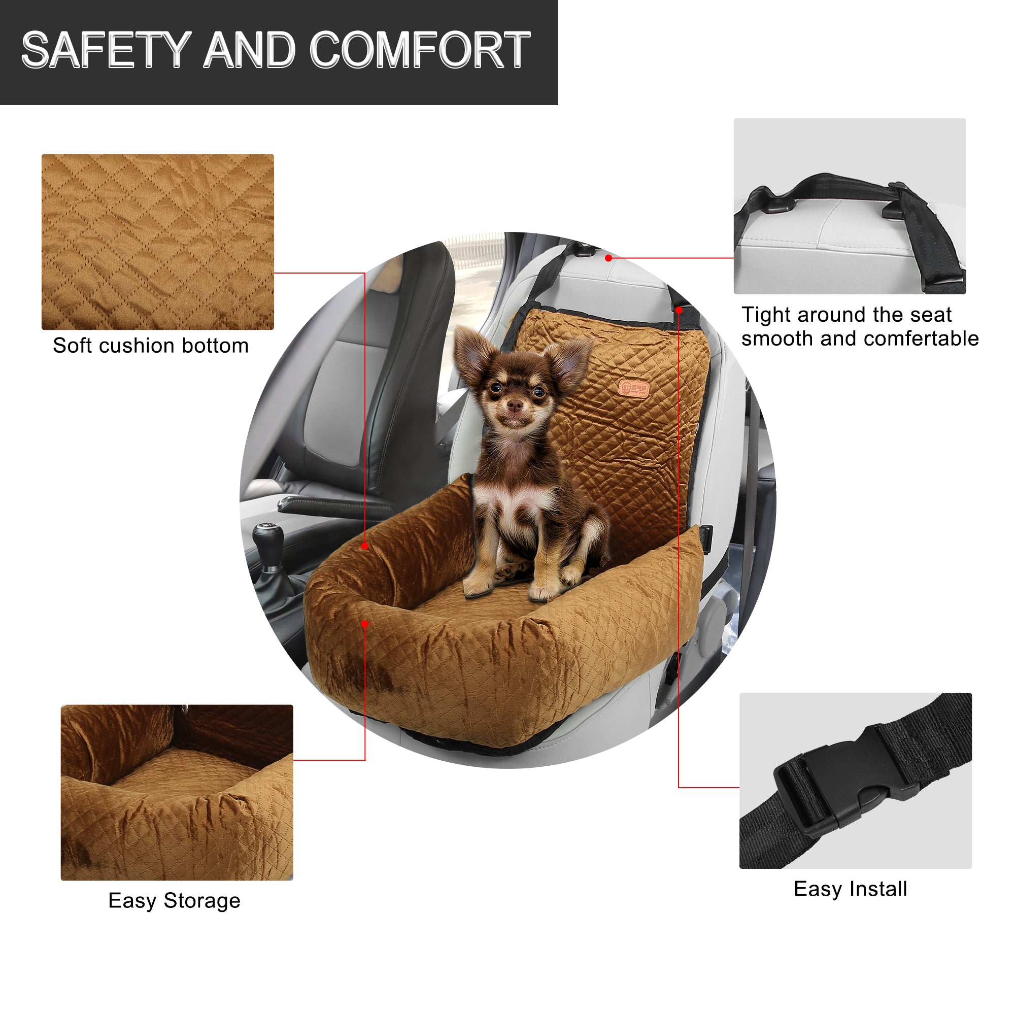 Unique Bargains Dog Car Seat Booster Seat Adjustable Straps for Medium Small Sized Puppy Cat Pets Coffee Color