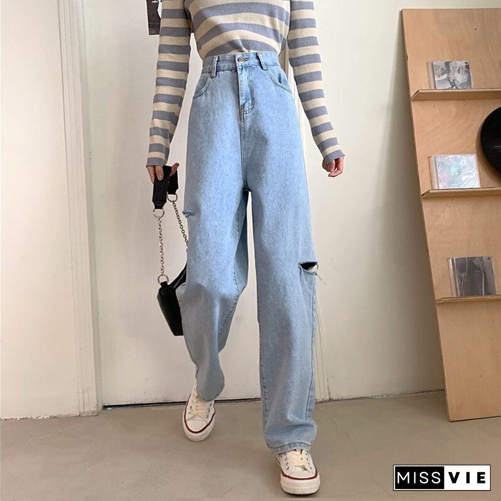 Woman Jeans Ripped High Waist Clothes Wide Leg Denim Clothing Streetwear Vintage Quality Fashion Harajuku Straight Pants