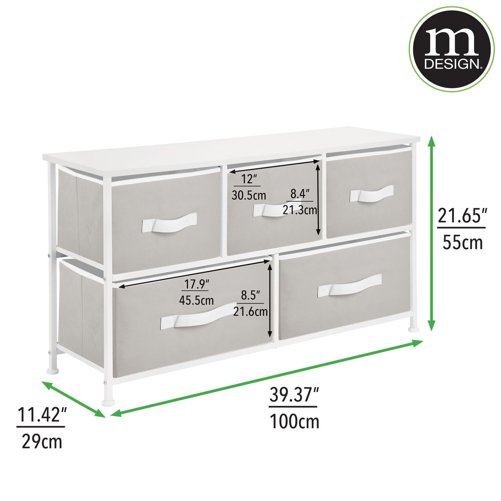 mDesign Wide Steel Frame/Wood Top Storage Dresser Furniture Unit with 5 Removable Fabric Drawers, Large Bureau Organizer for Bedroom, Living Room, Closet - Jane Collection, Stone Gray/White