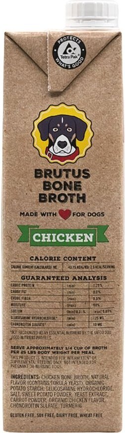 Brutus Broth Bone Broth Chicken Flavor Hip and Joint Human-Grade Dog Food Topper， 32-oz box