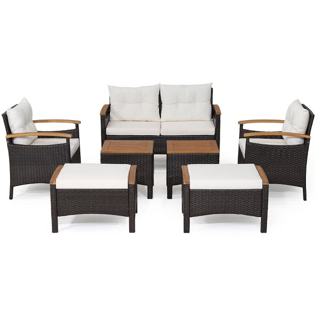 Tangkula 7pcs Rattan Patio Conversation Furniture Set Cushioned Outdoor Wicker Sofa Set