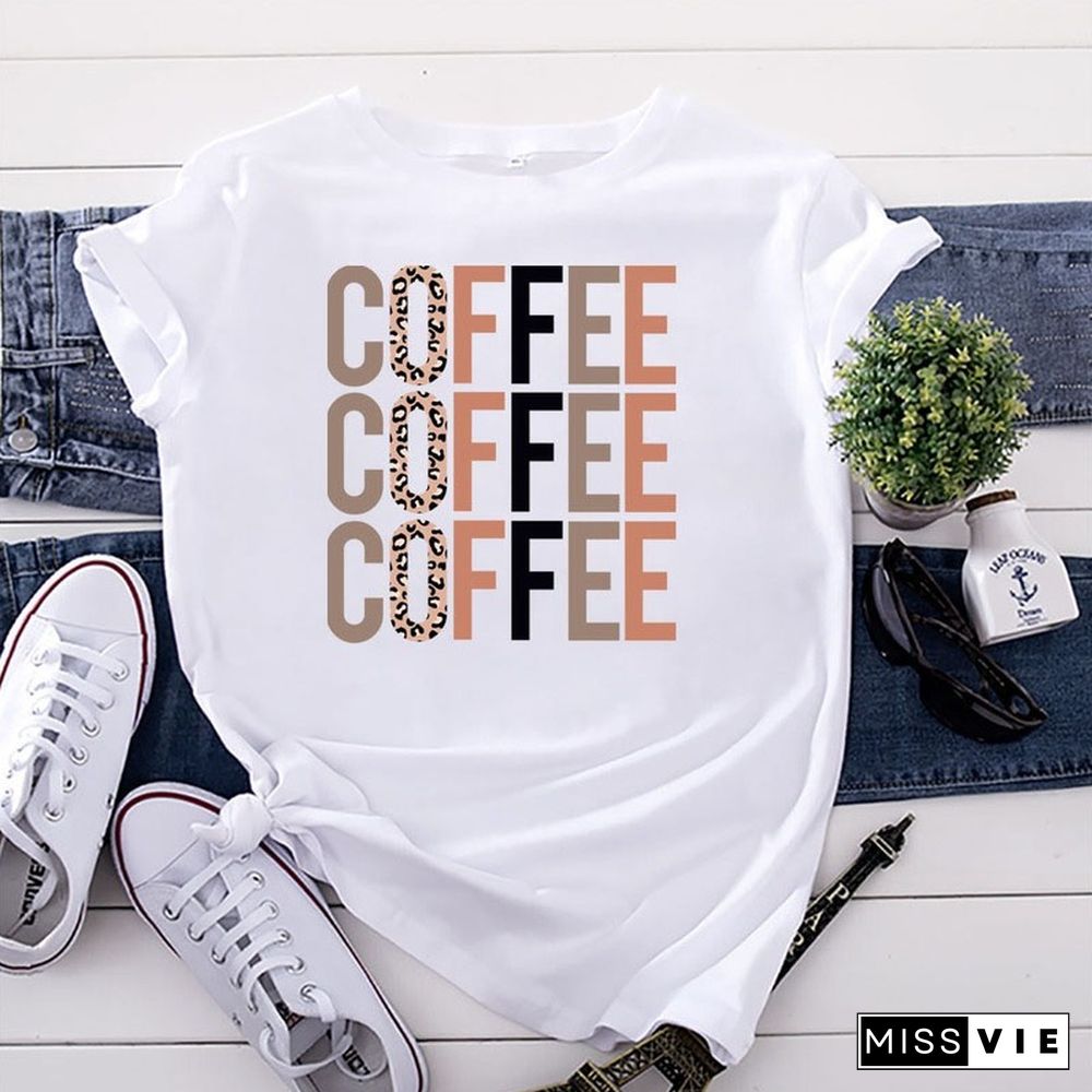 Female Regular Short Sleeve Summer Casual Women Graphic T-shirts Coffee Letter Print Ladies Fashion 100% Cotton O-Neck Tees Tops