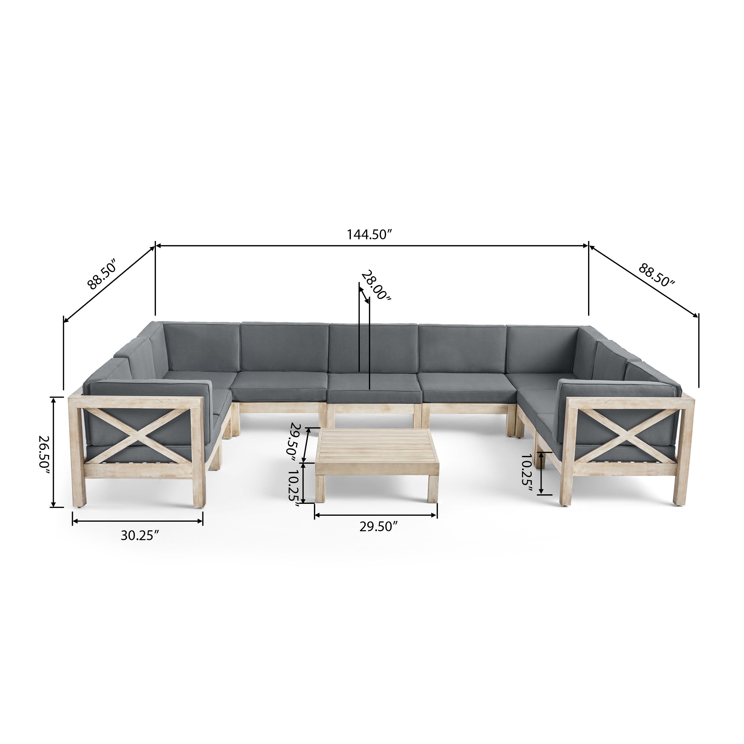 Olivia Outdoor 9 Seater Acacia Wood Sectional Sofa Set, Weathered Finish and Dark Gray