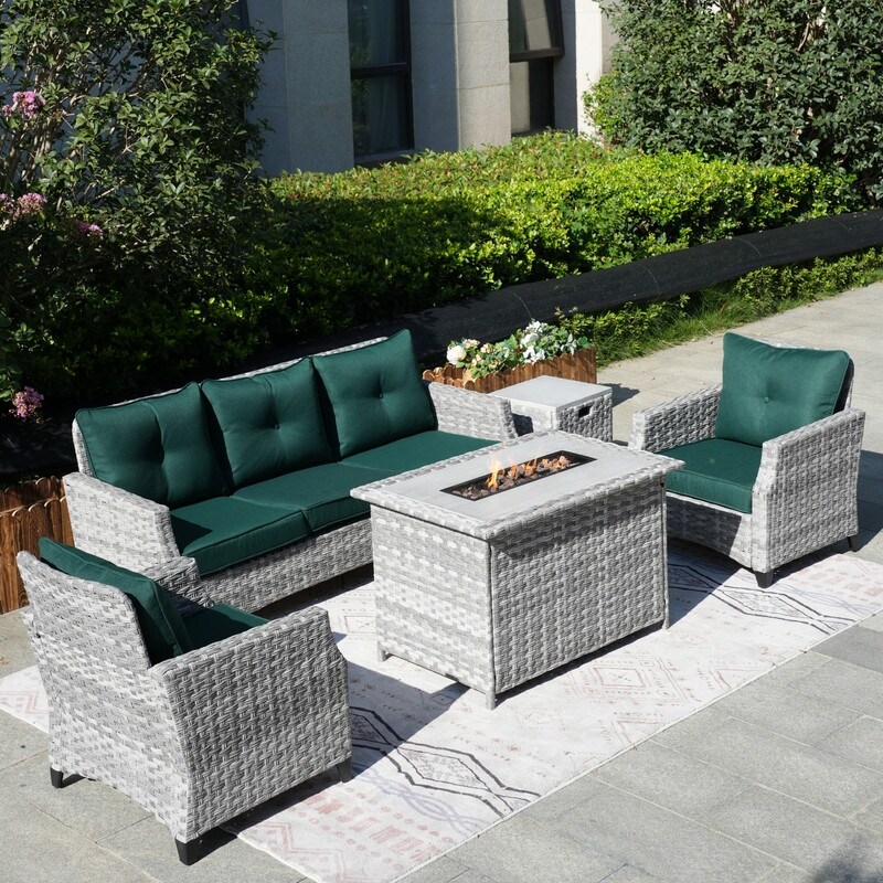 5 Piece Patio Wicker Sofa Set with Firepit Table and Rain cover