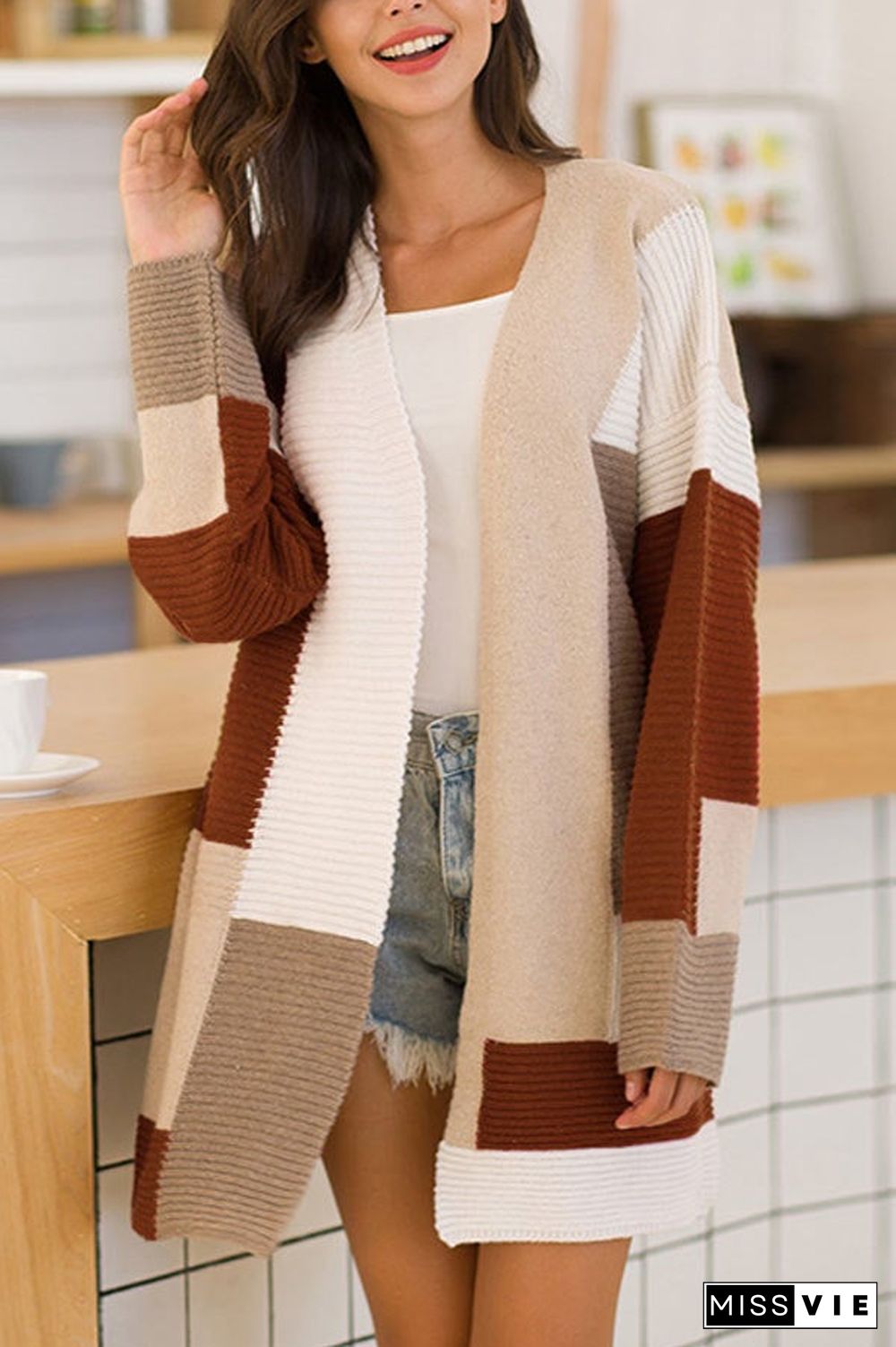 Casual Geometric Color Matching Cardigan