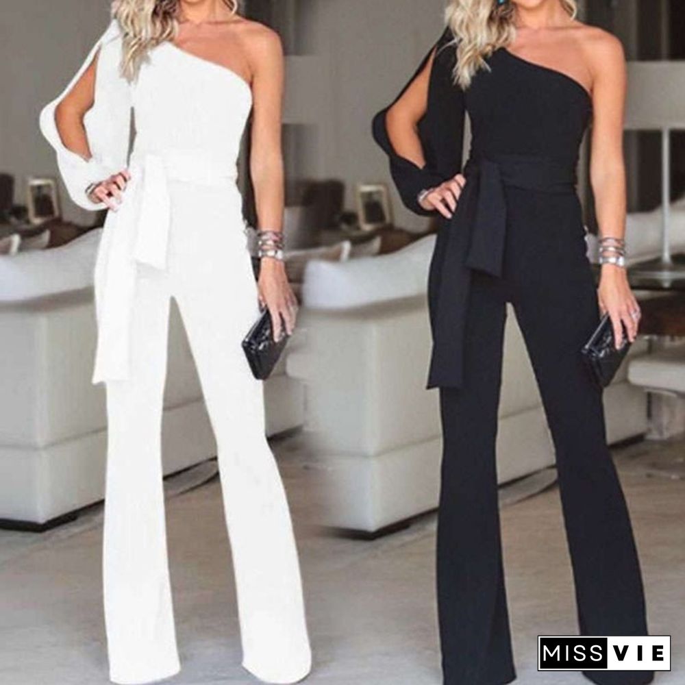 New Women Fashion Belted Overalls Pure Color Personality Oblique Shoulder Long Jumpsuit