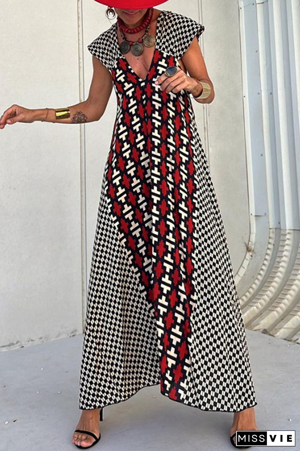 Casual Vintage Geometric Print Ripple Backless Asymmetrical V Neck Printed Dresses