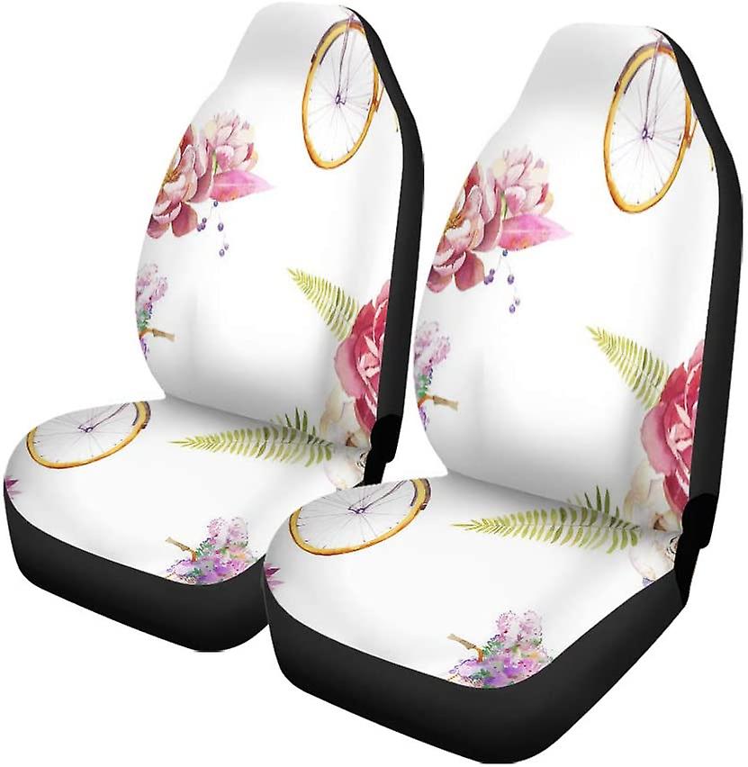 Set Of 2 Car Seat Covers Watercolor Summer Floral Bouquet And Bicycle Vintage Peonies Roses Universal Auto Front Seats Protector Fits