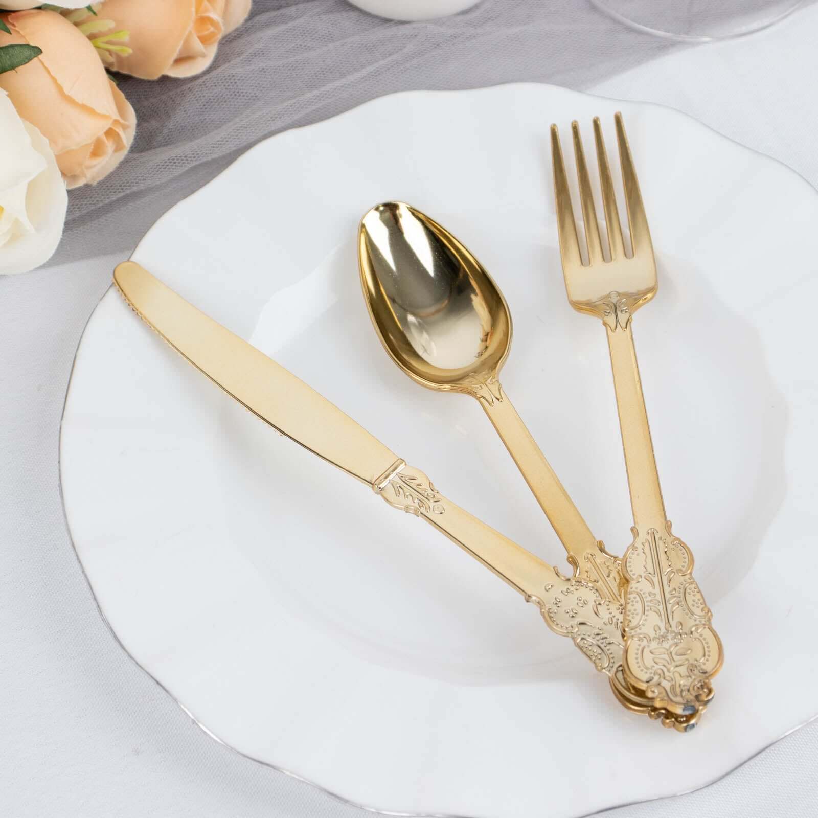 24 Pack Metallic Gold Baroque Style Heavy Duty Plastic Silverware Set