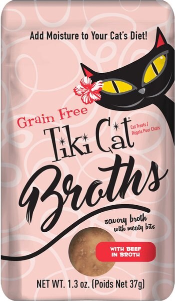 Tiki Cat Broths Beef in Broth with Meaty Bits Grain-Free Wet Cat Food Topper， 1.3-oz pouch， case of 12