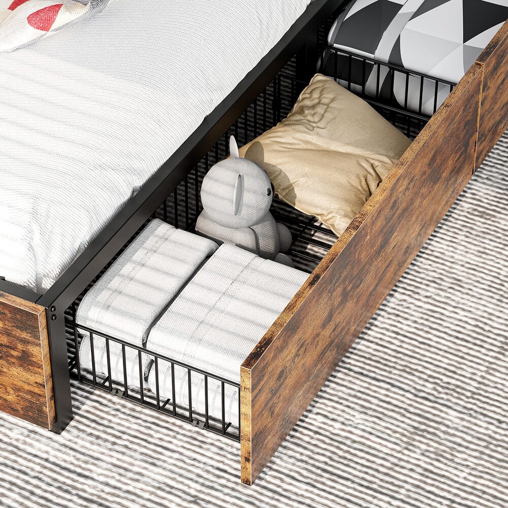 King Bed Frame with Storage  4 Drawers and Double Row Support Bars  Solid Stable  Noise Free