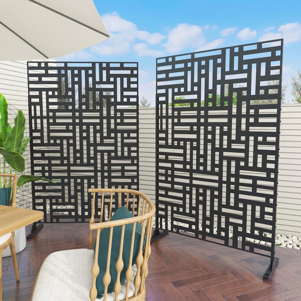 Uixe UIXE 76 in. Galvanized Steel Garden Fence Outdoor Privacy Screen Garden Screen Panels in Black (2-Pack) OS04-2SET-Black