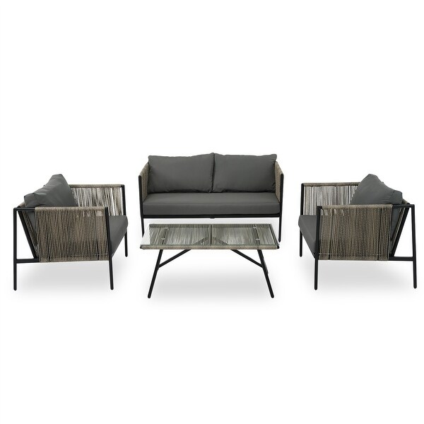 4Piece Outdoor Metal Frame Rope Conversation Sofa Set with Glass Table