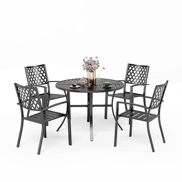 MAISON ARTS 5Piece Geometrically Stamped Round Table and Stackable Dining Chairs Outdoor Dining Set