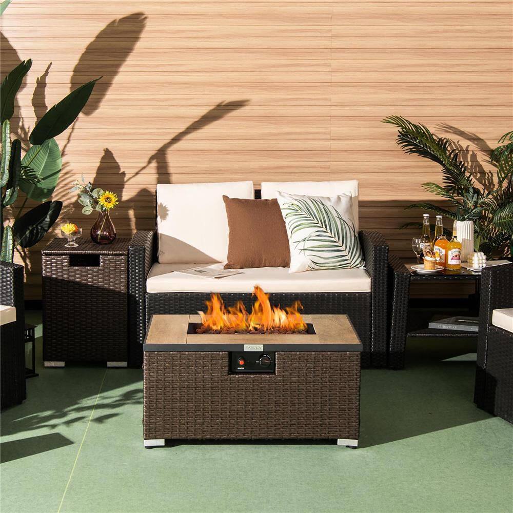 Costway 32 in.x 20 in. Propane Rattan Fire Pit Table Set wSide Table Tank  Cover 40000 BTU NP10261CF