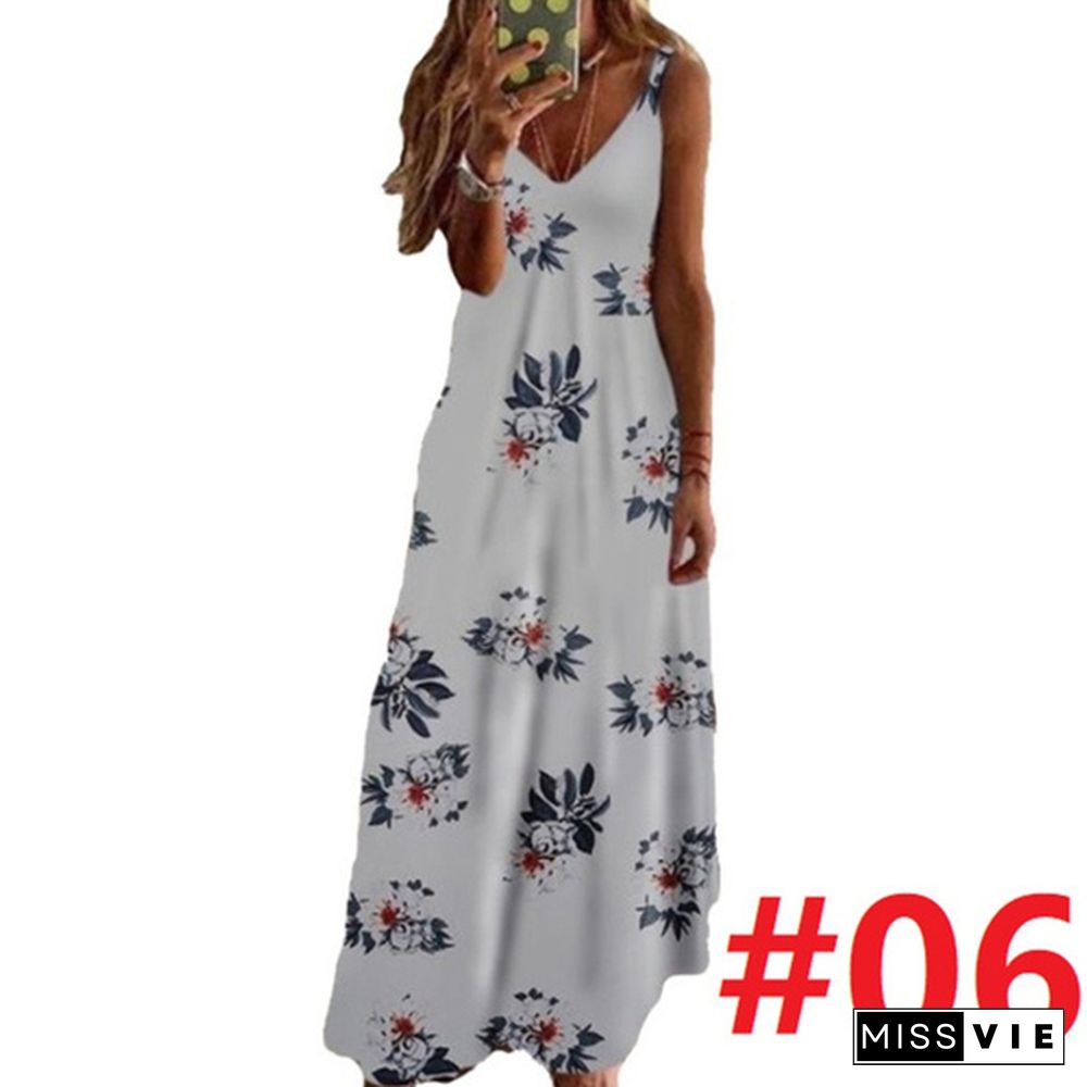 Women's Fashion Summer Sleeveless Floral Printing Sling Dress Deep V-Neck Slim Fit Big Swing Skirts Loose Casual Long Maxi Dresses Ladies Plus Size Party Dresses