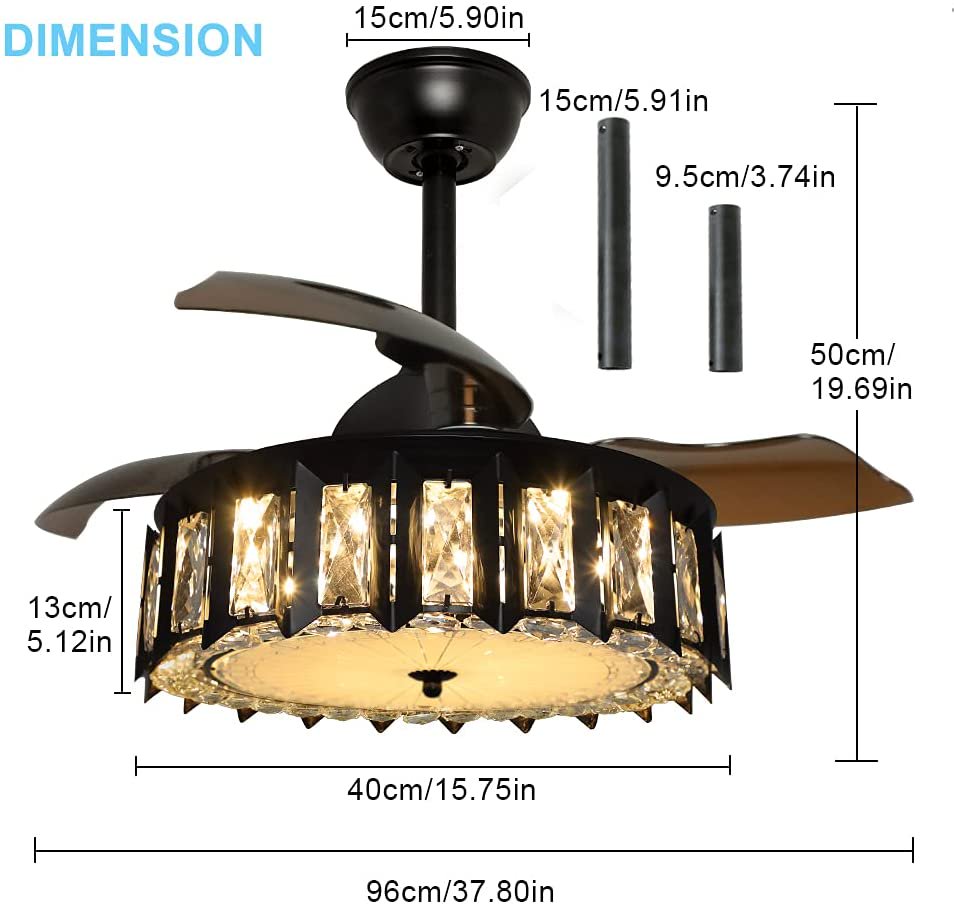 DingLiLighting Remote LED Crystal Ceiling Fans with Light,Industrial Ceiling Fan Lighting with Retractable Blades for Bedroom, Black Ceiling Fan Light Kit, 3 Wind Speeds,Timing