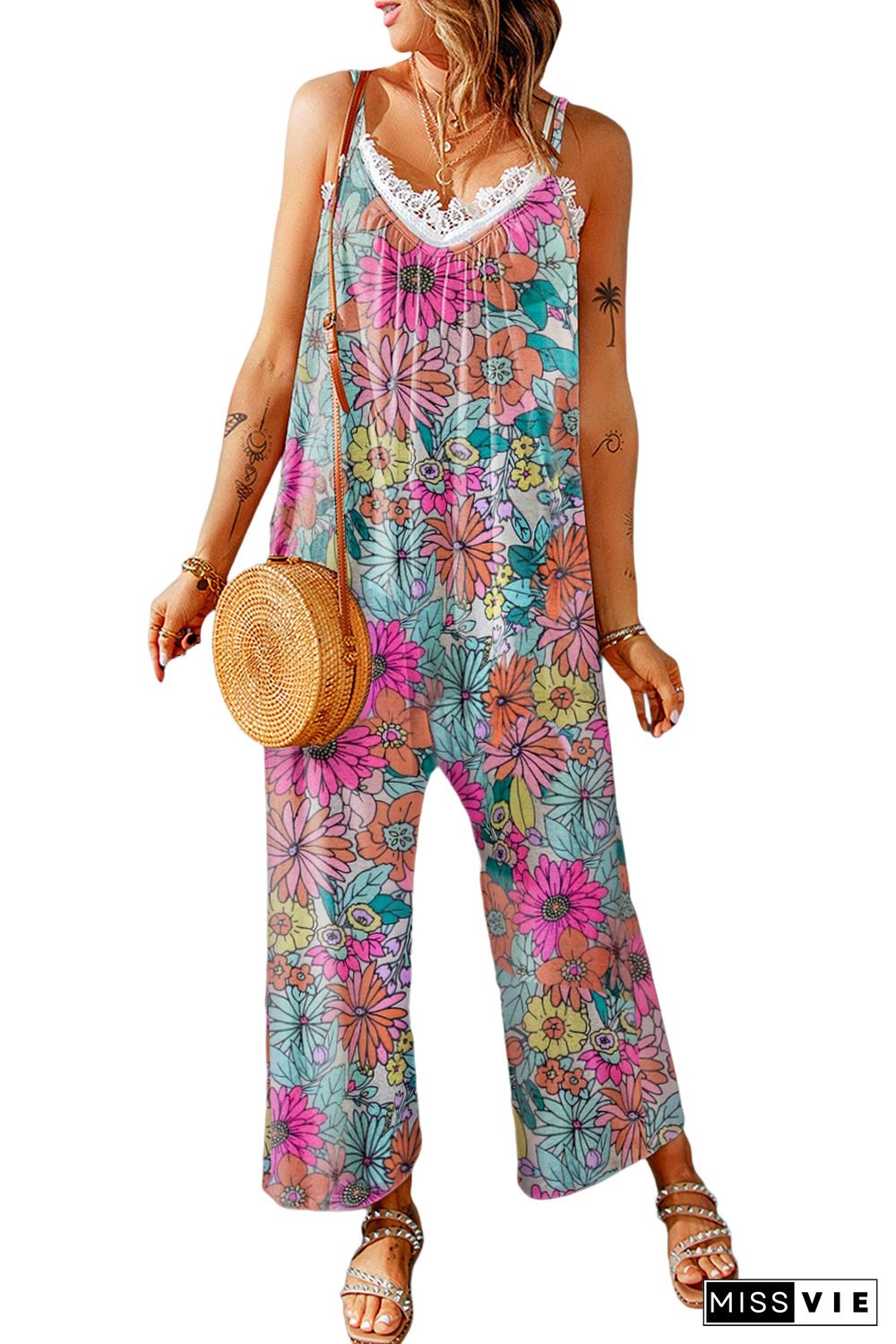 Multicolor Vibrant Summer Floral Print Spaghetti Strap Jumpsuit