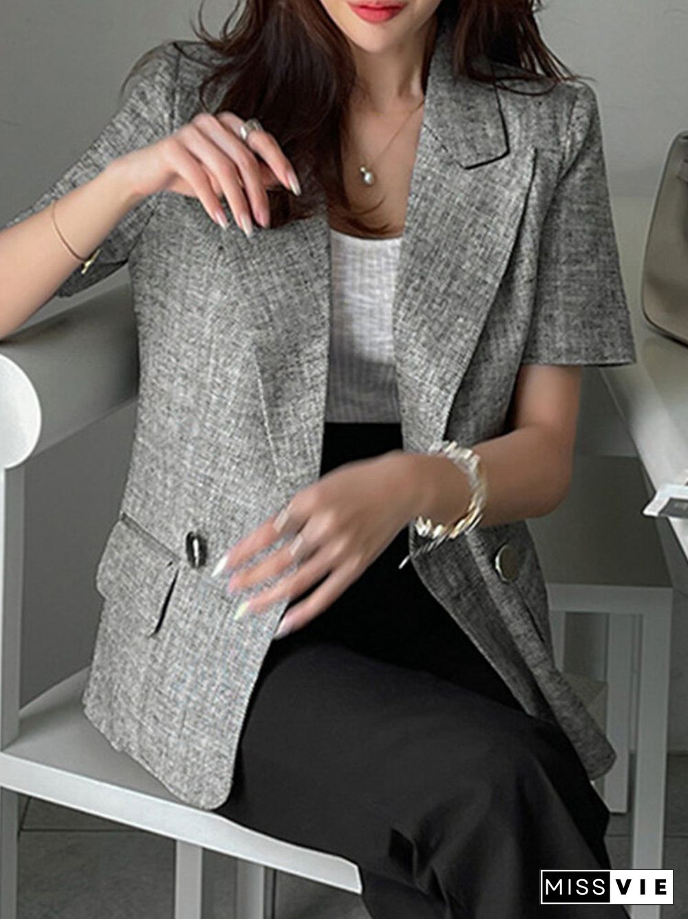 Short Sleeve Button Front Lapel Casual Blazer for Women