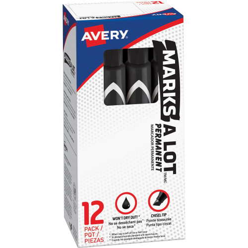 Avery MARKS A LOT Large Desk-Style Permanent Marker， Broad Chisel Tip， Black， Dozen (8888) (08888)