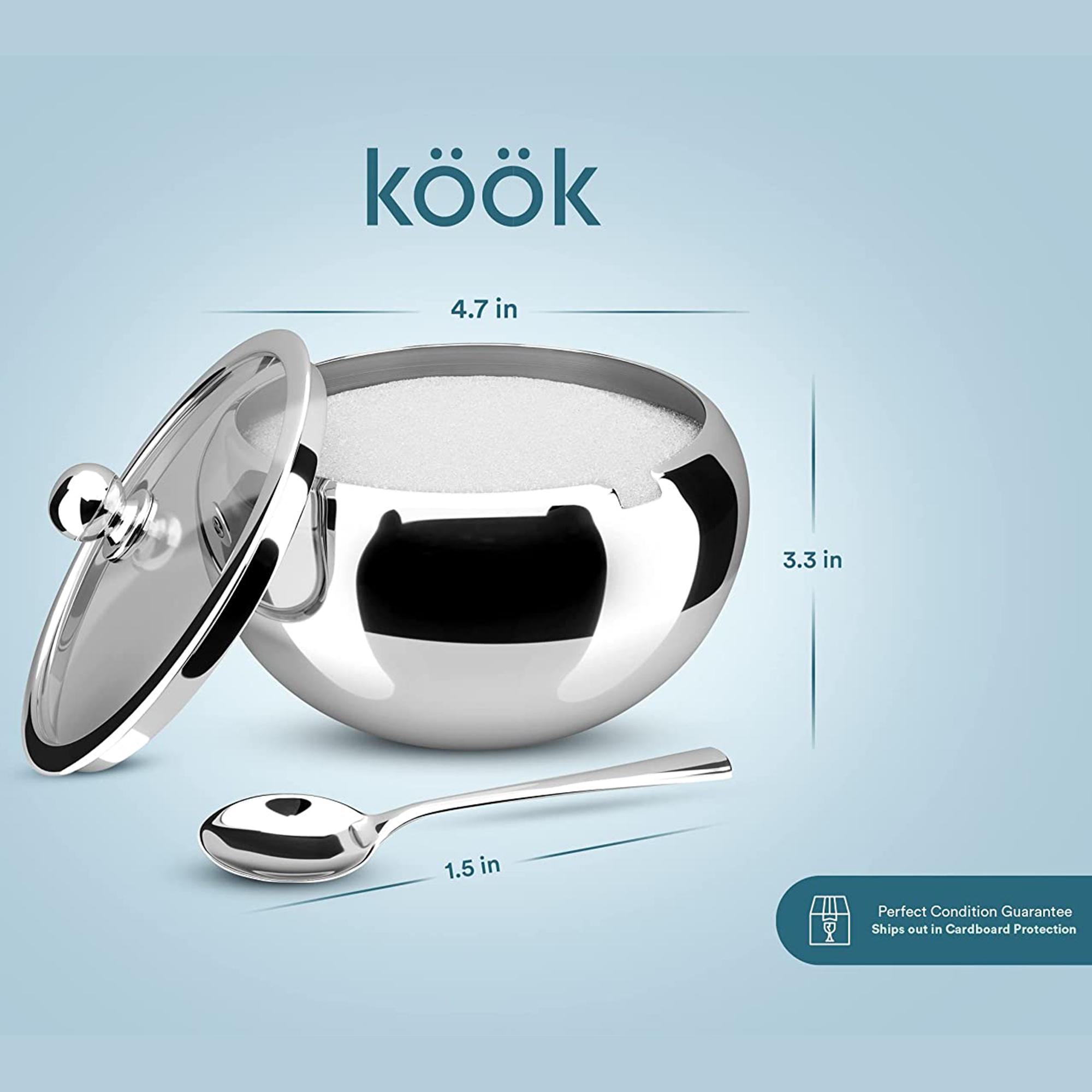 Kook 16 Oz Stainless Steel Sugar Bowl with Lid and Spoon Kitchen Accessories