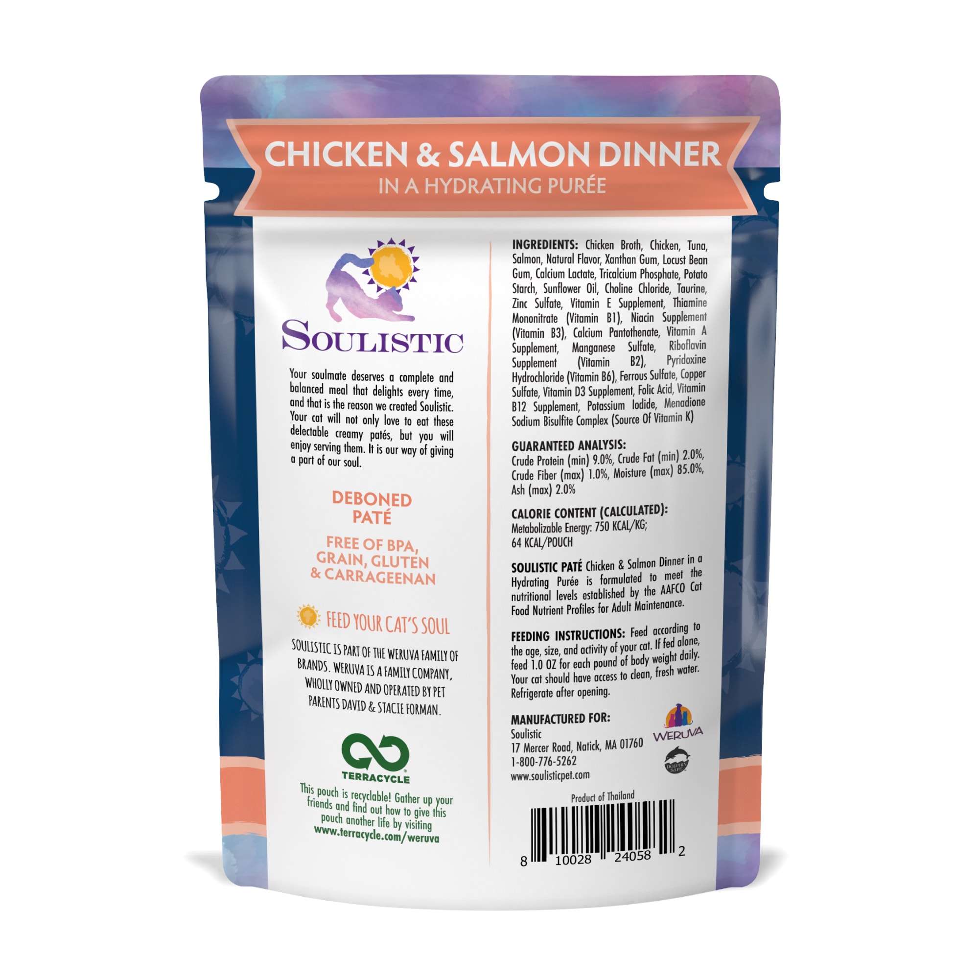 Soulistic Pate Chicken  Salmon Dinner in a Hydrating Puree Wet Cat Food， 3 oz.， Case of 8