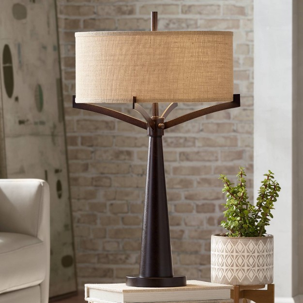 Tall Bronze Metal Burlap Fabric Drum Shade For Bedroom Living Room Bedside Nightstand Office