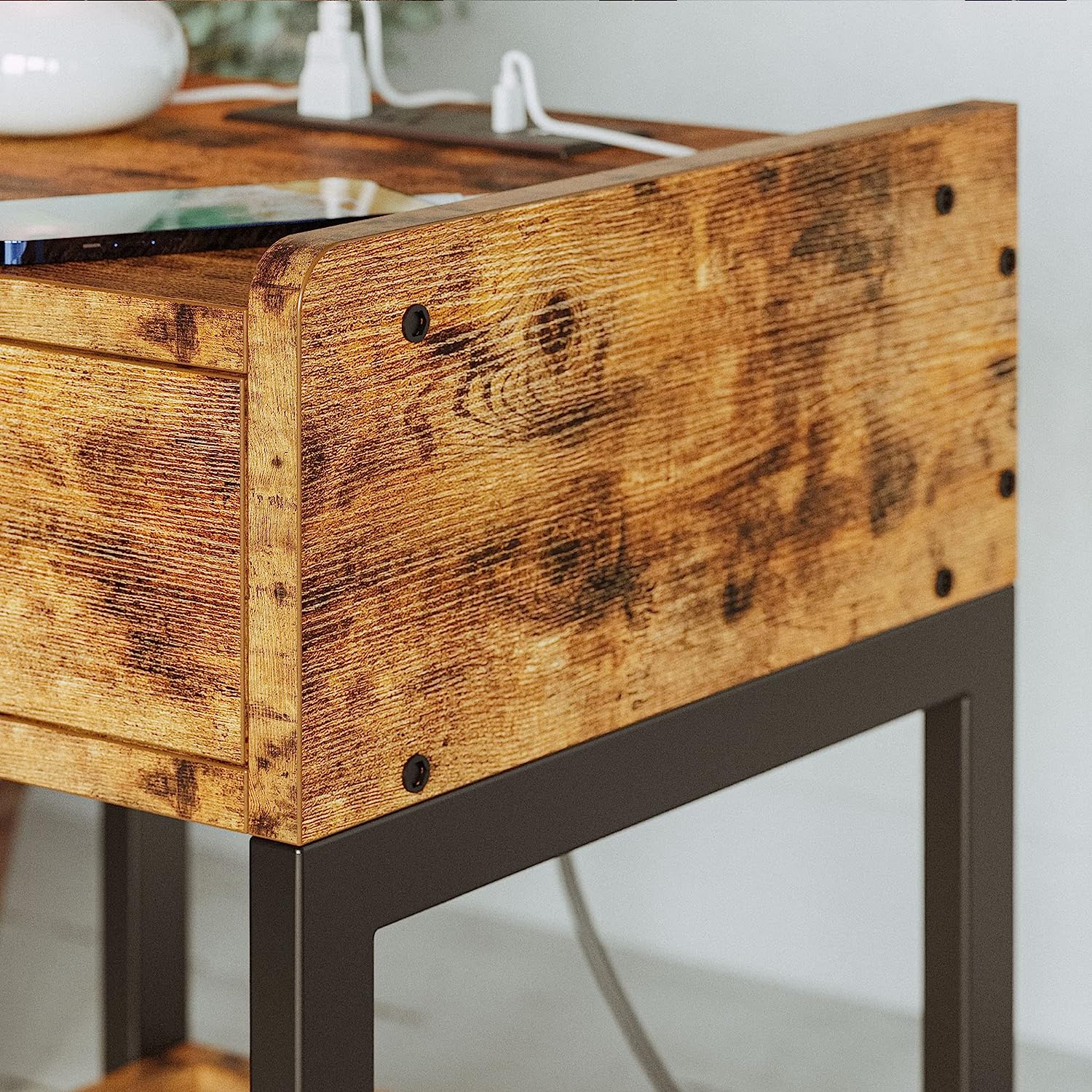 Nightstand Bedside Table with Charging Station, Small End Table with Storage Drawer and Shelf, Vintage Brown