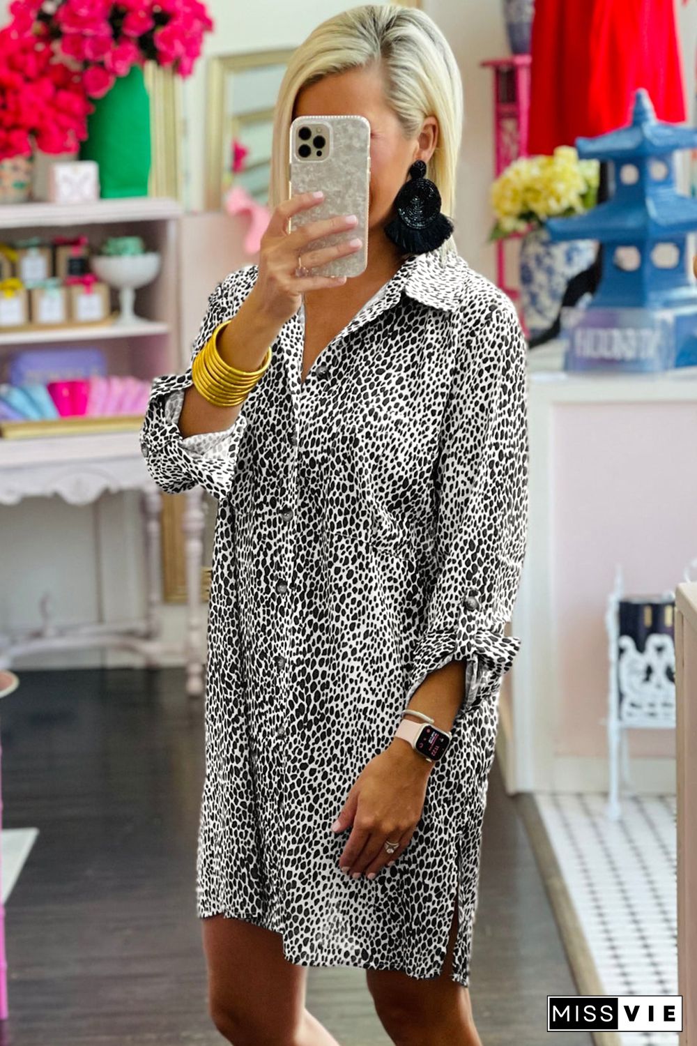 Long Sleeve Leopard Animal Print Shirt Dress