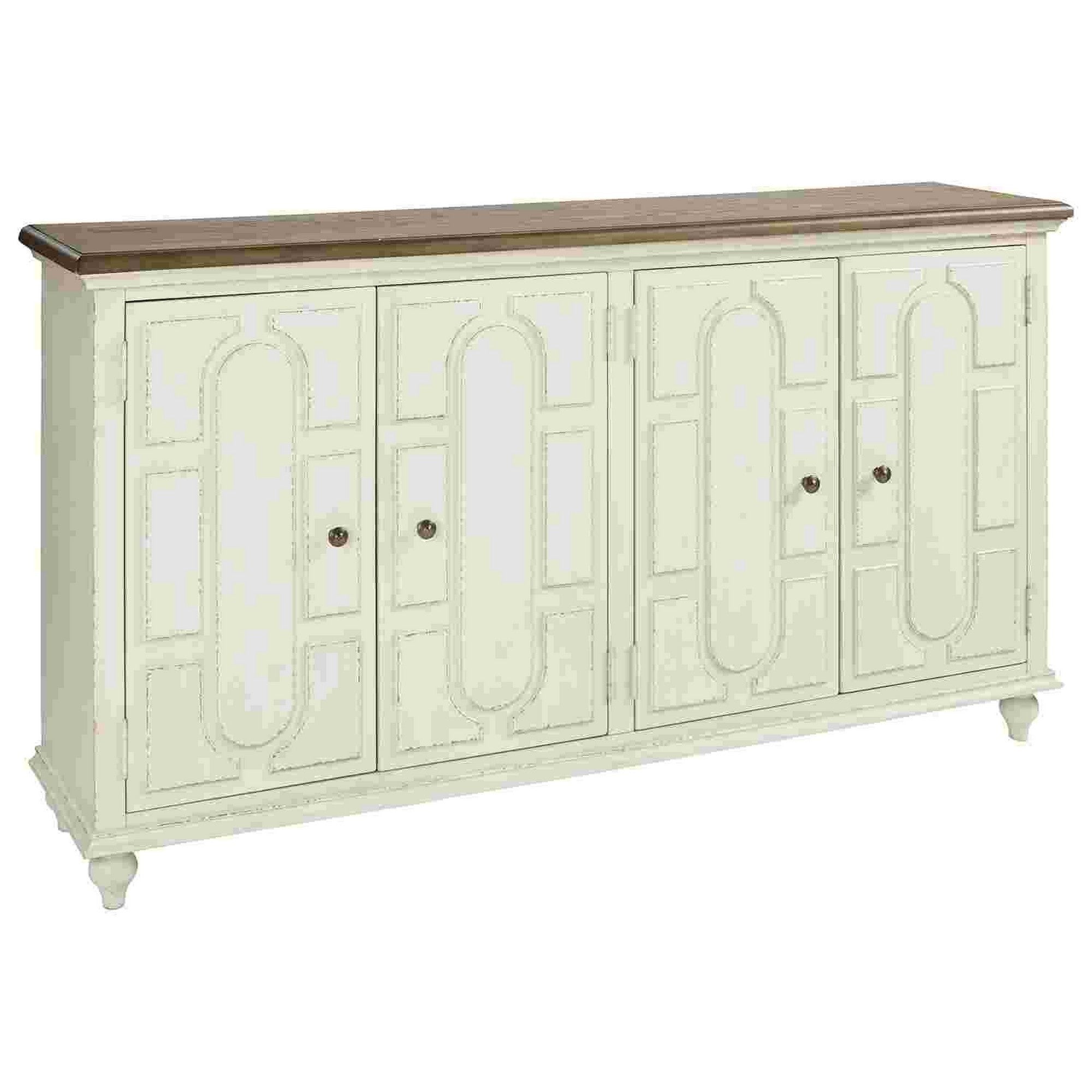 Wooden Accent Cabinet with 4 Door Storage， Antique White and Brown