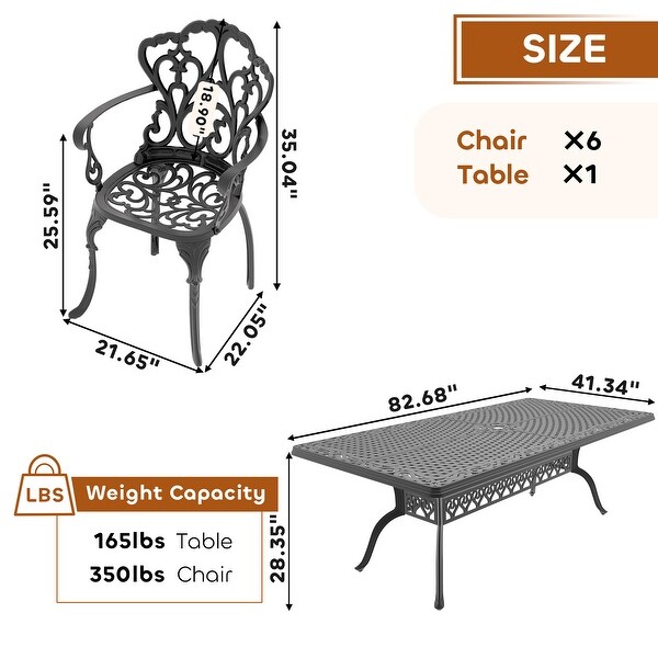 7/9Piece Cast Aluminum Outdoor Dining Set with 82.68'' L X 41.34'' W Rectangular Table and Random Color Seat Cushions