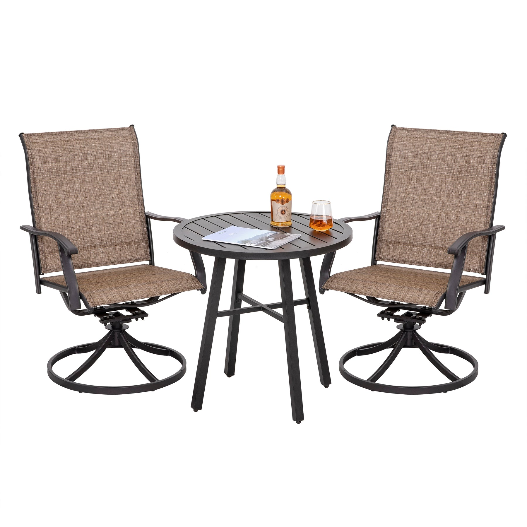 Nuu Garden 3 Piece Patio Bistro Set, Textilene Swivel Patio Chairs and Iron Table All-Weather Outdoor Furniture Set for Lawn, Backyard, Balcony, Black and Brown