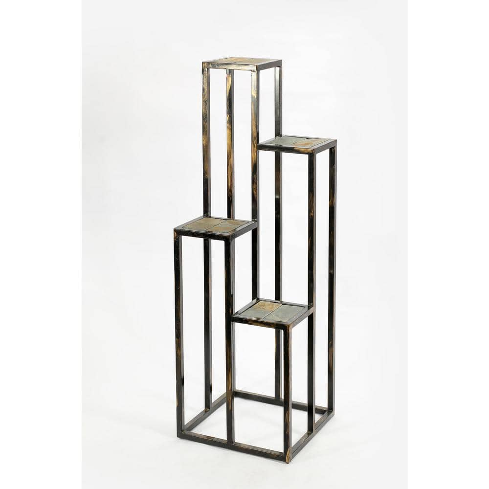 ORE International 47.25 in. 4-Tier Gray Stone Slab Black/Gold Square Cast Metal Indoor Plant Stand LB-1714B