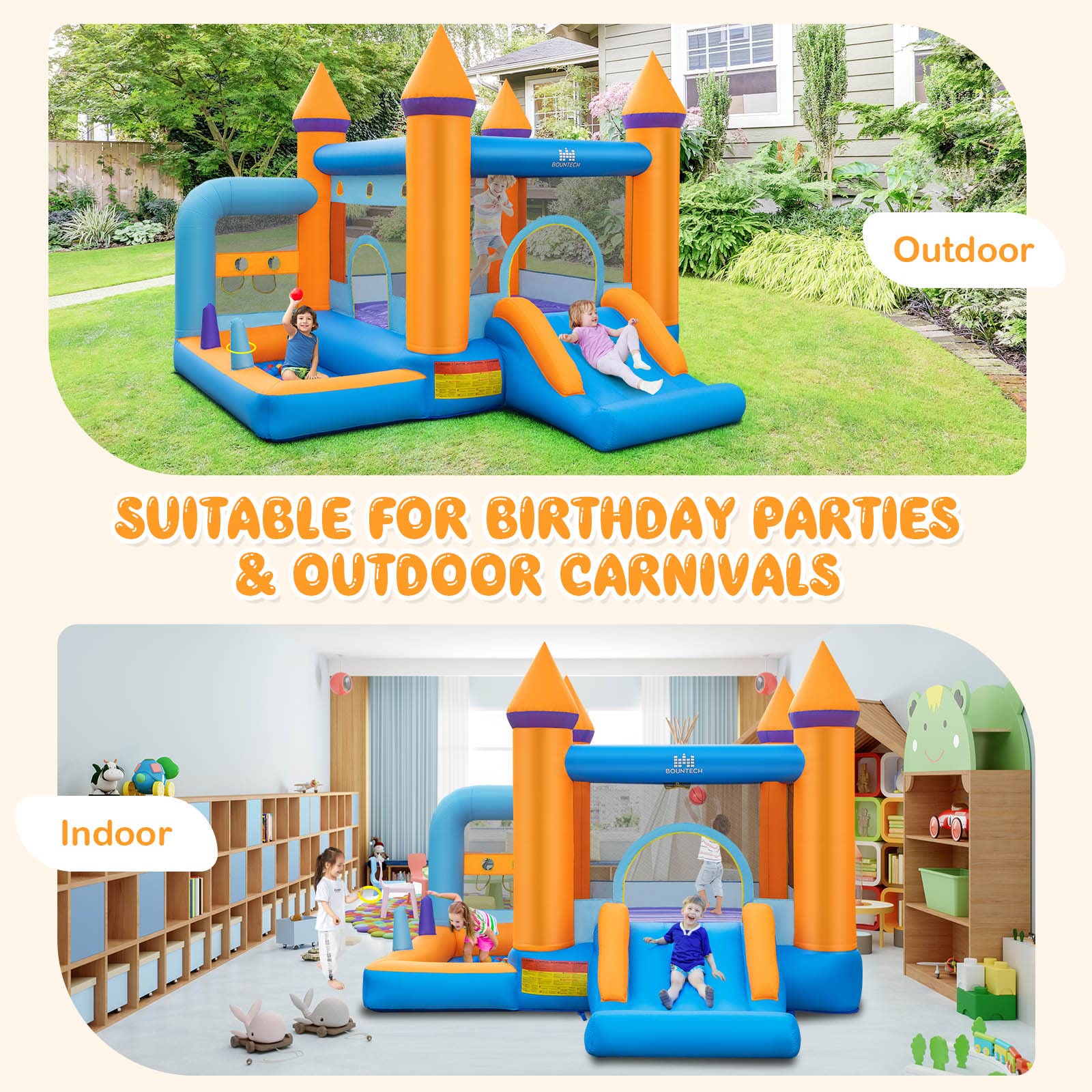 BOUNTECH Inflatable Bounce House, Bouncy House for Toddler Kids 5-12 Backyard Party Fun w/735W Blower, Basketball Hoop, Ball Throwing