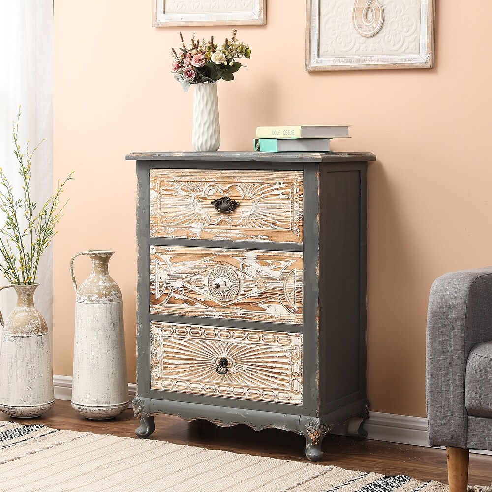 Rustic Weathered Grey Carved Wood 3 drawer Chest Nightstand