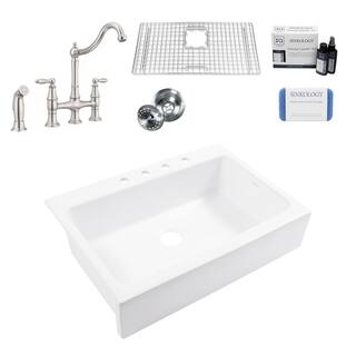 SINKOLOGY Josephine Crisp White Fireclay 34 in. Single Bowl Drop-In Kitchen Sink 4 Holes with Courant Bridge Stainless Faucet Kit SK450-34-4RCOS