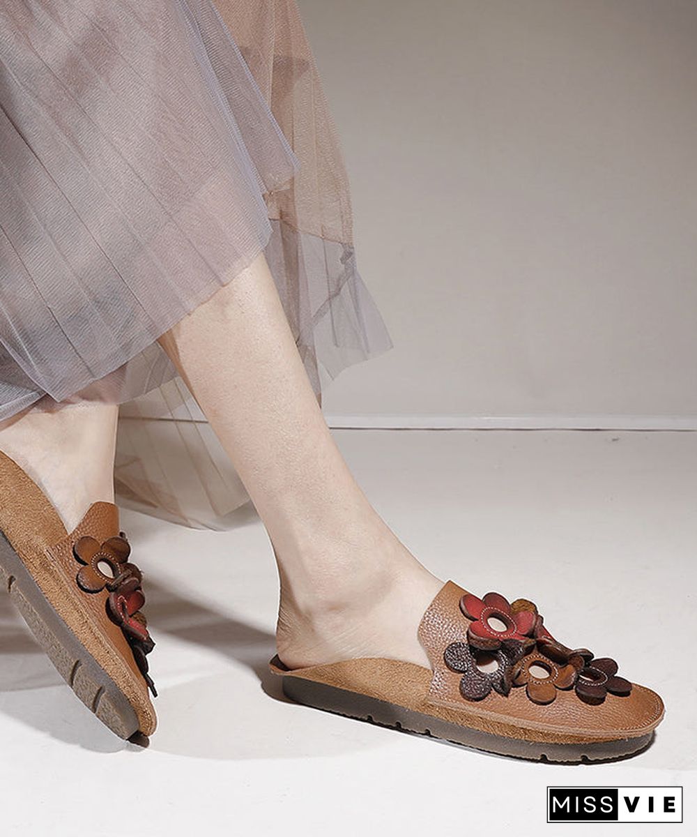 Brown Cowhide Leather Soft Splicing Hollow Out Floral Slide Sandals