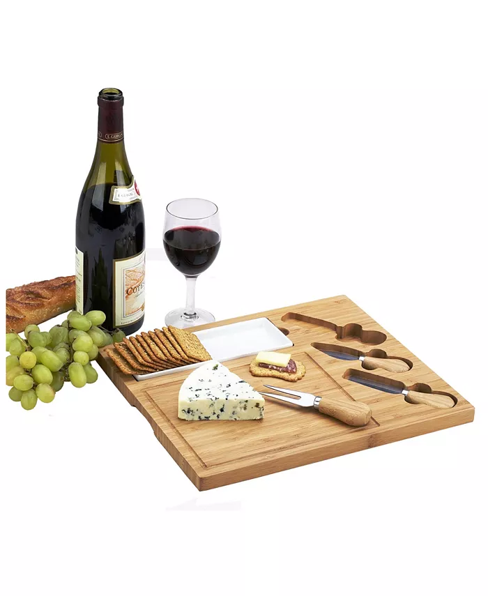 Picnic At Ascot Celtic Bamboo Cheese Board with Ceramic Dish and 3 Cheese Tools