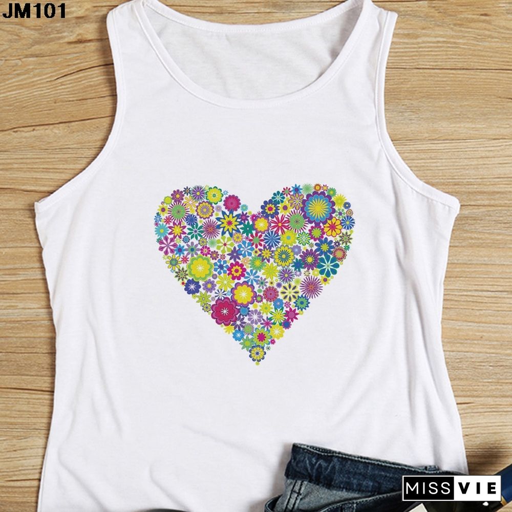 Heart Flower Printed Ladies Camisole Harajuku Casual White Vest Summer Womens Love Graphic Tank Tops Fashion Sleeveless T Shirt