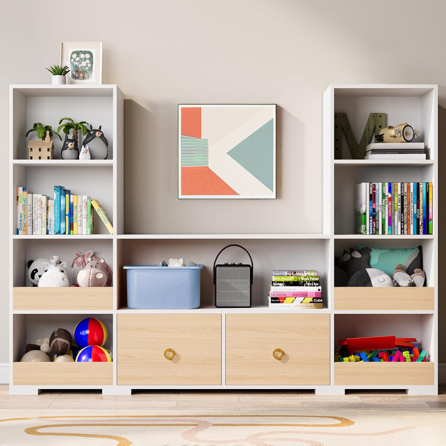 Combination Bookshelf U-Shaped Storage Shelf with 9 Cubes and 2 Drawers