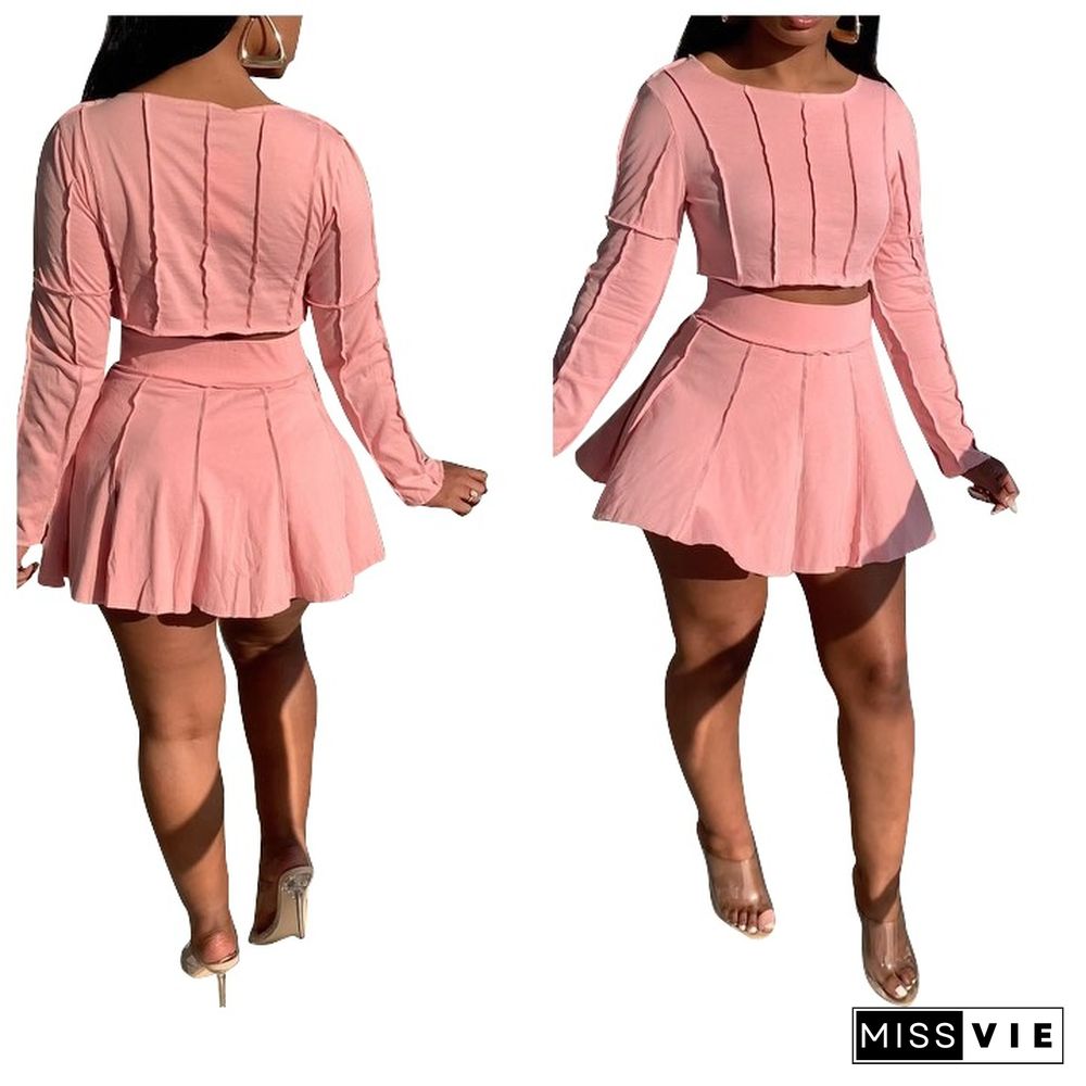 Long Sleeve Bright Line Decoration Crop Top+Skirt Set