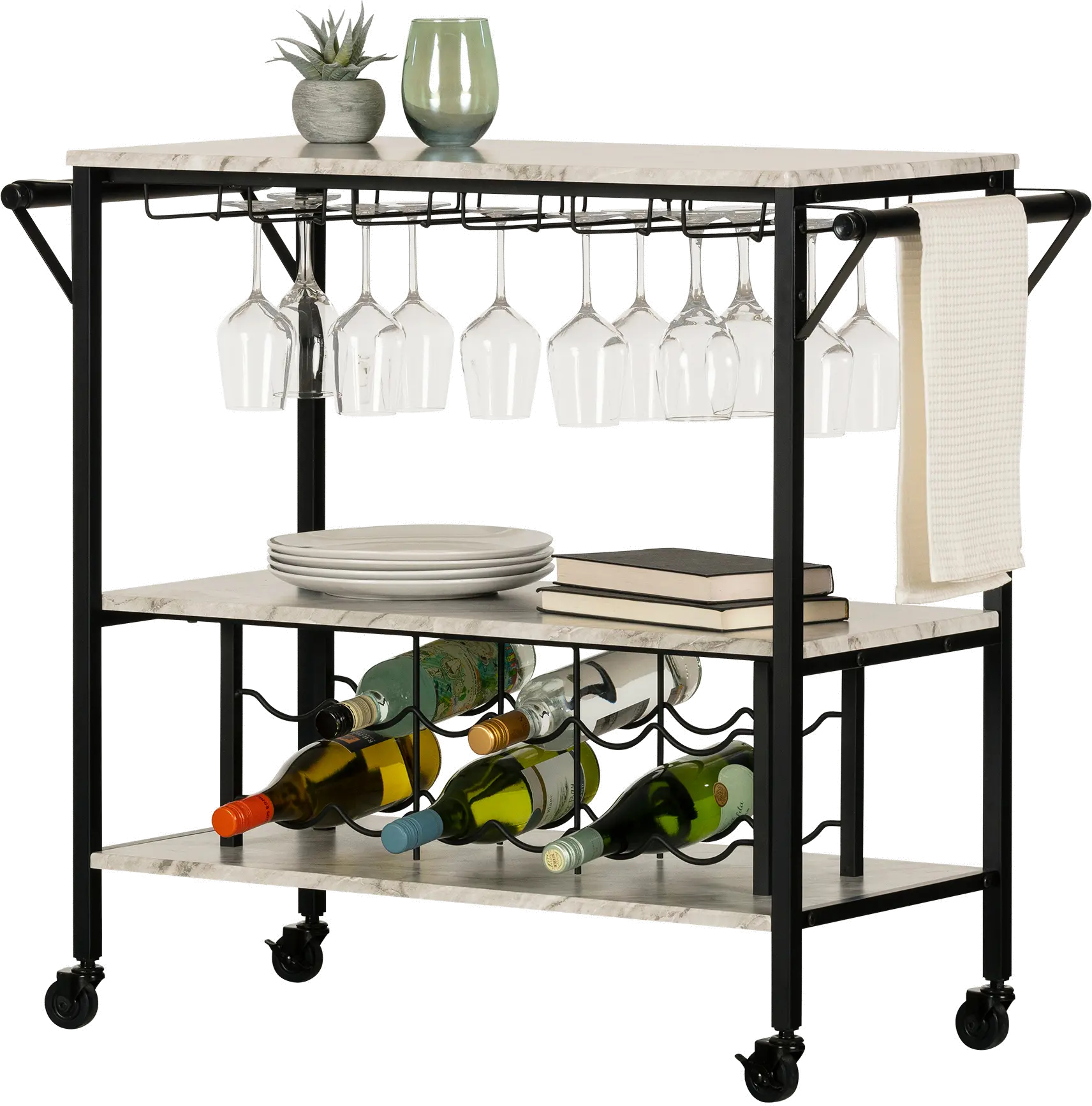 Maliza White Faux Marble and Black Bar Cart - South Shore