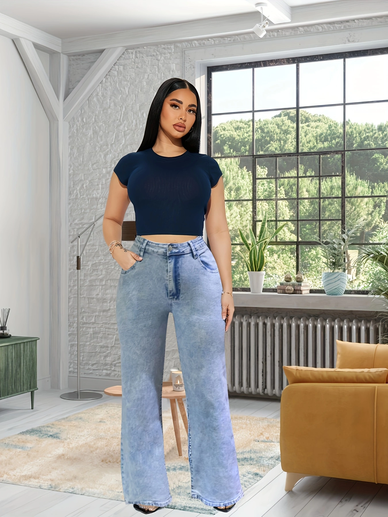 75% Cotton Plus Size Embroidered High Stretch Jeans, Straight Leg with Pockets, Cute Solid Color Denim, All-Season 23% Polyester 2% Spandex Blend Fabric